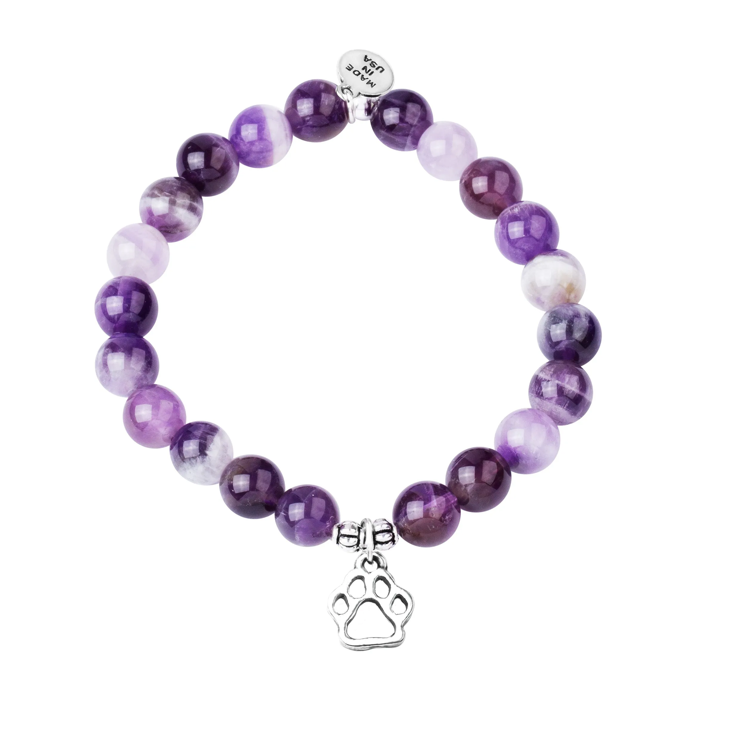 Paw Print | Stone Beaded Charm Bracelet |  Amethyst