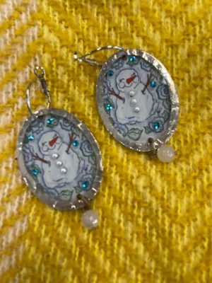 Pearl Happy Snowman Earrings