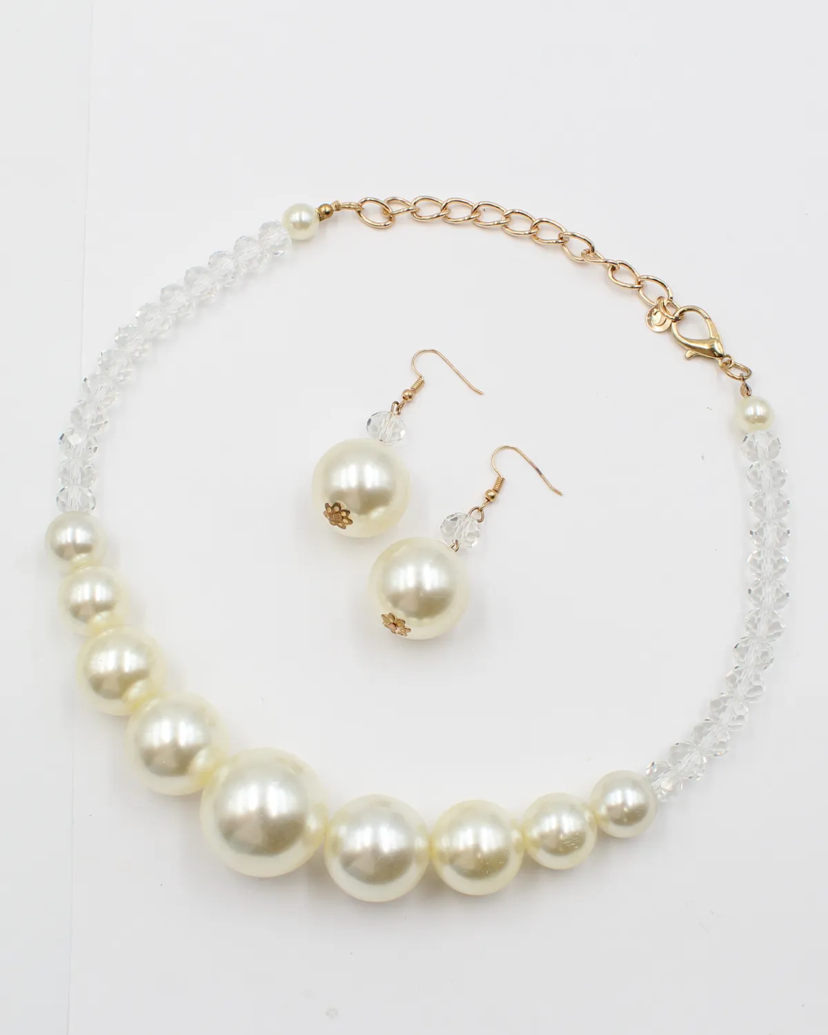 Pearl Necklace & Earring Gold Set with Clear Jewels