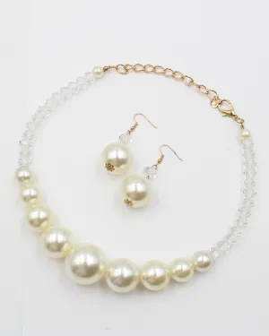 Pearl Necklace & Earring Gold Set with Clear Jewels