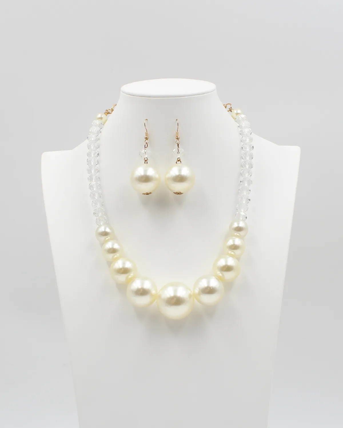 Pearl Necklace & Earring Gold Set with Clear Jewels