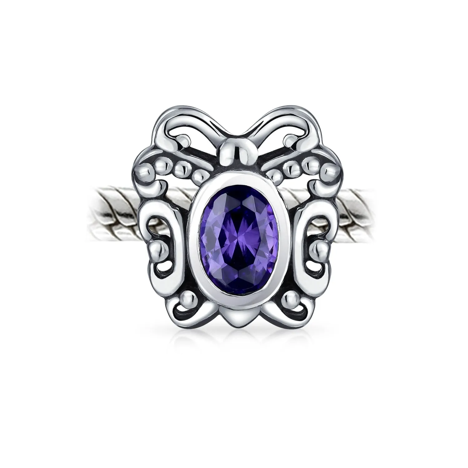 Purple Butterfly Charm Bead with Simulated Amethyst CZ for European Bracelet