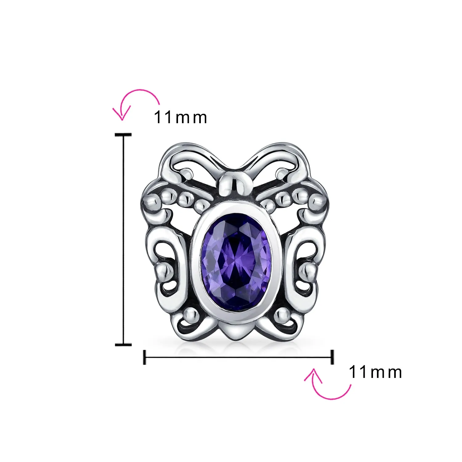 Purple Butterfly Charm Bead with Simulated Amethyst CZ for European Bracelet