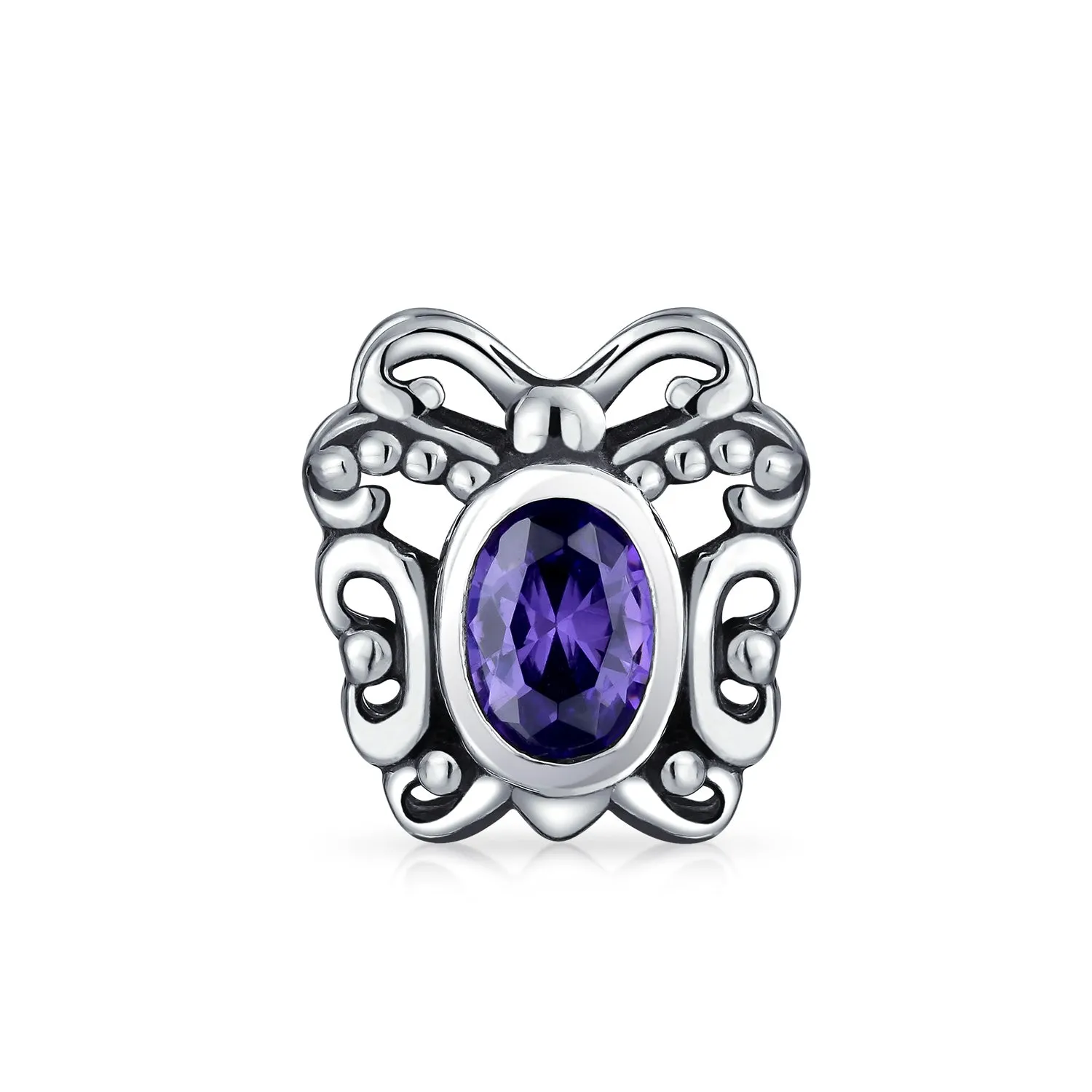 Purple Butterfly Charm Bead with Simulated Amethyst CZ for European Bracelet