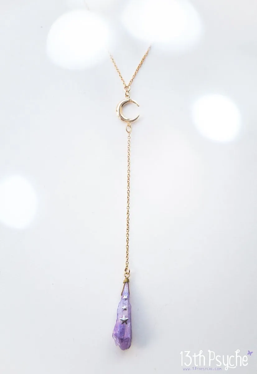 Purple raw stone and moon lariat necklace