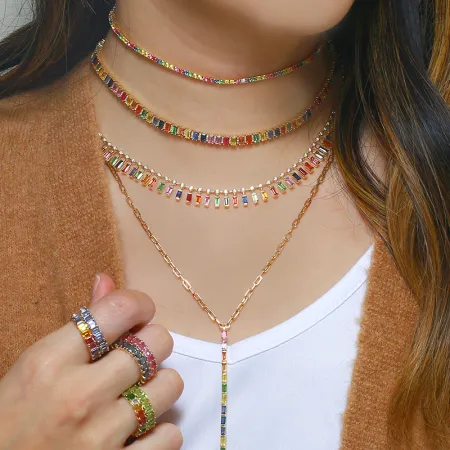 Rainbow Baguette Tennis Necklace