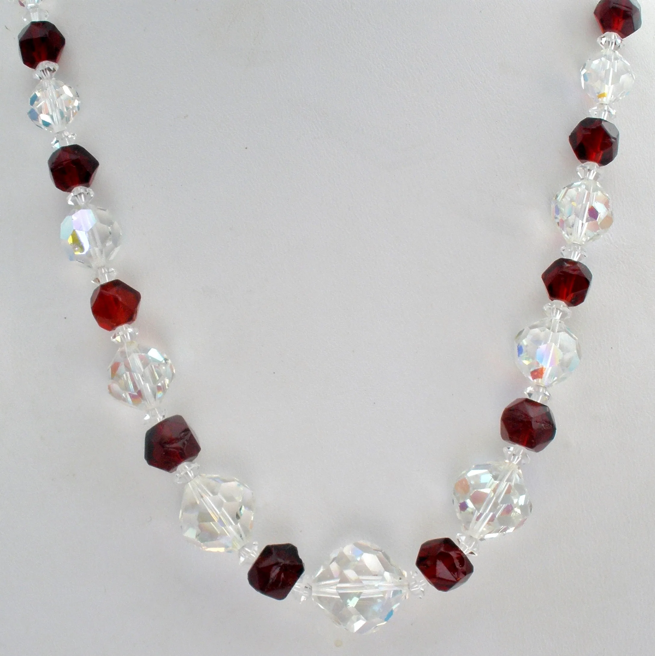 Red & Clear Glass Bead Necklace Vintage  21"