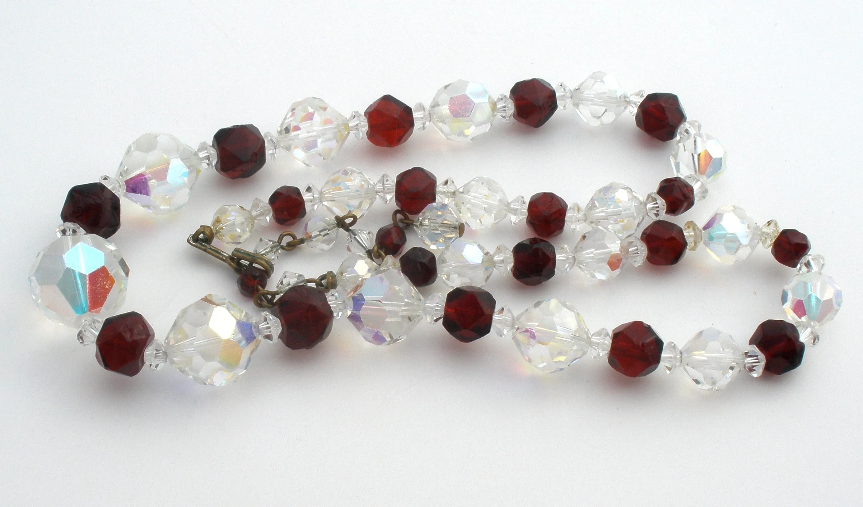 Red & Clear Glass Bead Necklace Vintage  21"