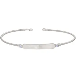 Rhodium Finish Sterling Silver Cable Cuff Bracelet with Name Plate and Simulated Light Amethyst Birth Gems - June