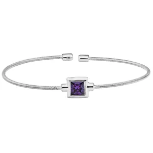 Rhodium Finish Sterling Silver Cable Cuff Bracelet with Princess Cut Simulated Amethyst Birth Gem