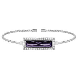 Rhodium Finish Sterling Silver Cable Cuff Bracelet with Rectangular Simulated Amethyst Stone and Simulated Diamonds