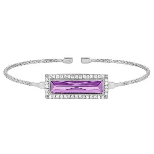 Rhodium Finish Sterling Silver Cable Cuff Bracelet with Rectangular Simulated Light Amethyst Stone and Simulated Diamonds