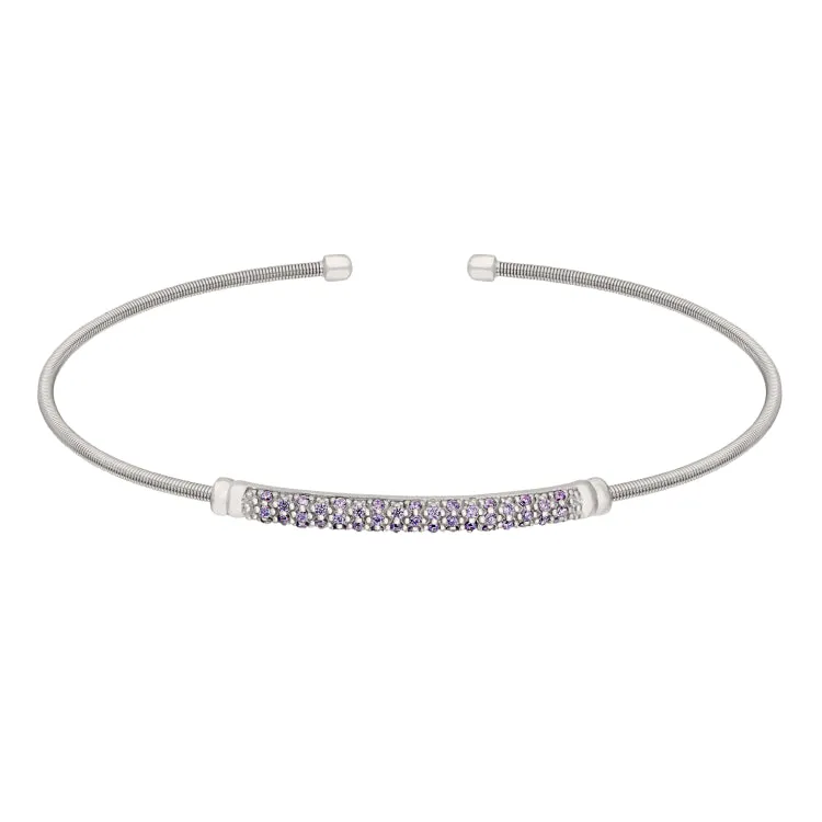 Rhodium Finish Sterling Silver Cable Cuff Bracelet with Three Rows of Simulated Amethyst Birth Gems - February