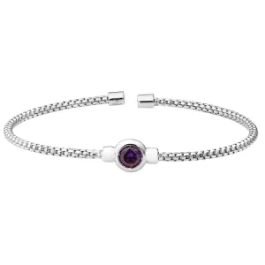 Rhodium Finish Sterling Silver Rounded Box Link Cuff Bracelet with Bezel Set Simulated Amethyst Birth Gem