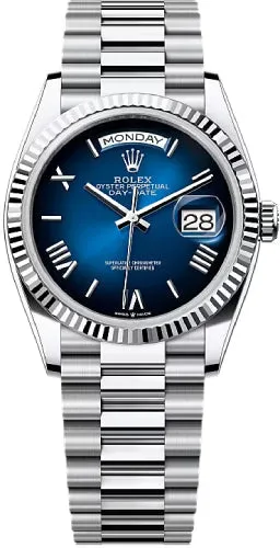 Rolex Day-Date 36 36mm Blue Ombré Dial Fluted Bezel President Bracelet - 128236 | 2024 Model