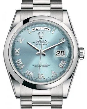 Rolex Day-Date 36 Platinum Ice Blue Roman Dial & Smooth Domed Bezel President Bracelet 118206