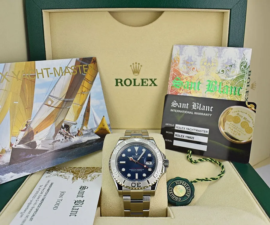 Rolex Mens Platinum & Stainless Steel YachtMaster Blue Index Dial Model 116622