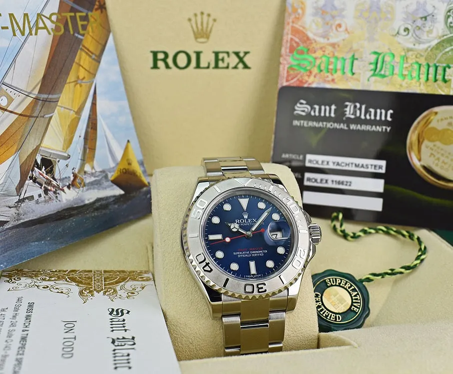 Rolex Mens Platinum & Stainless Steel YachtMaster Blue Index Dial Model 116622