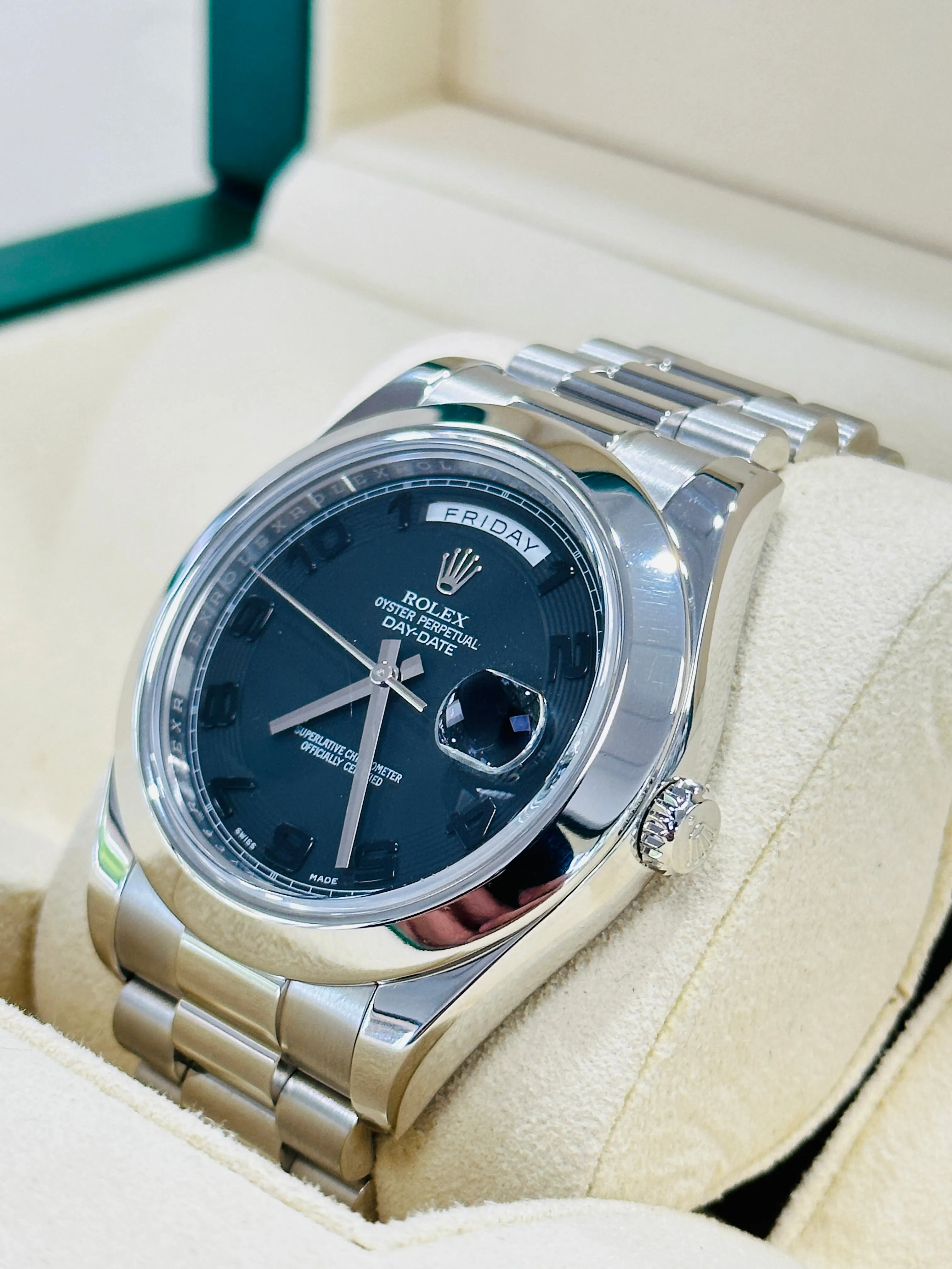 Rolex President Day-Date II 41mm Platinum Black Arabic Concentric Dial 218206 MINT Box and Papers