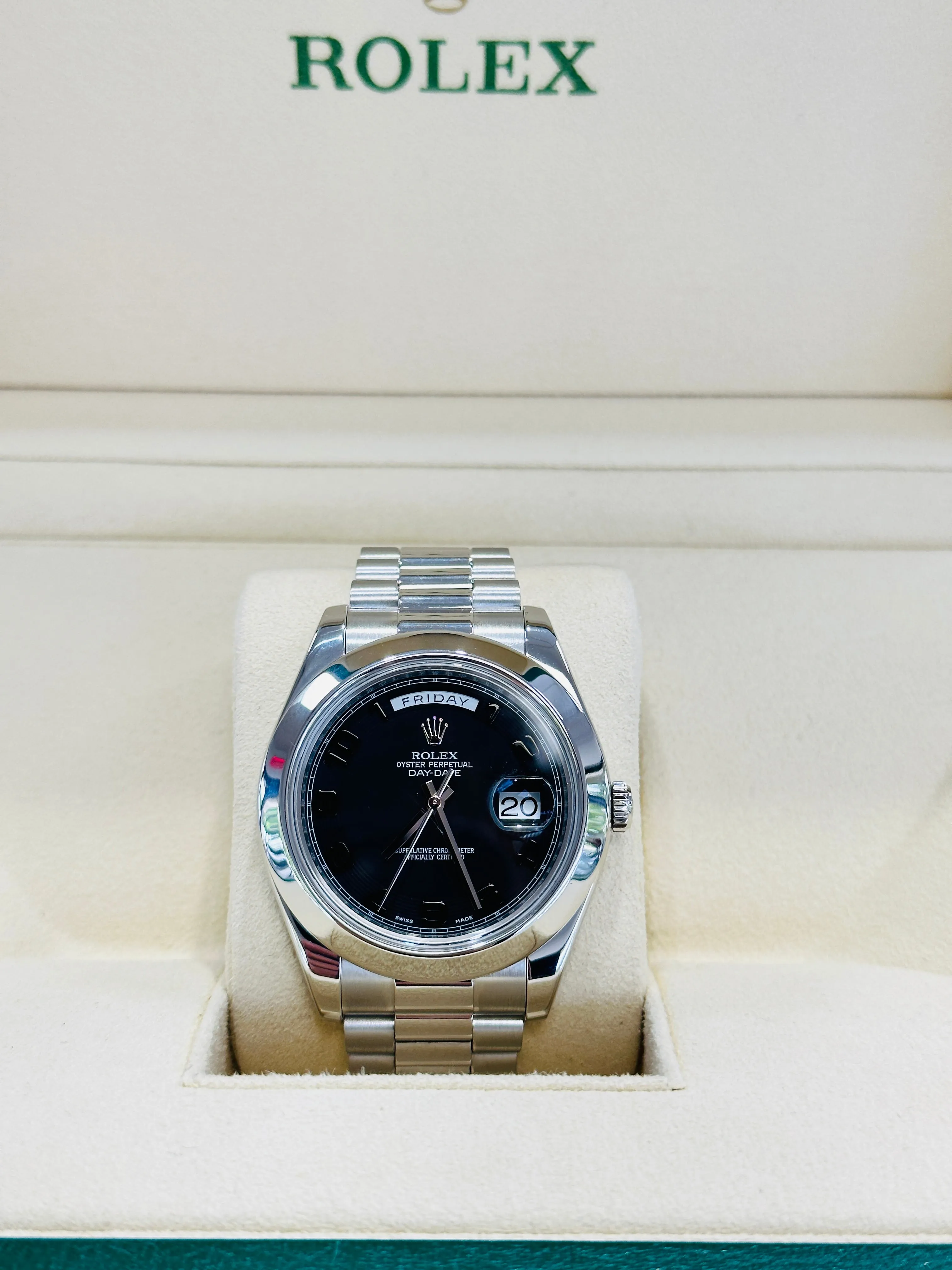 Rolex President Day-Date II 41mm Platinum Black Arabic Concentric Dial 218206 MINT Box and Papers