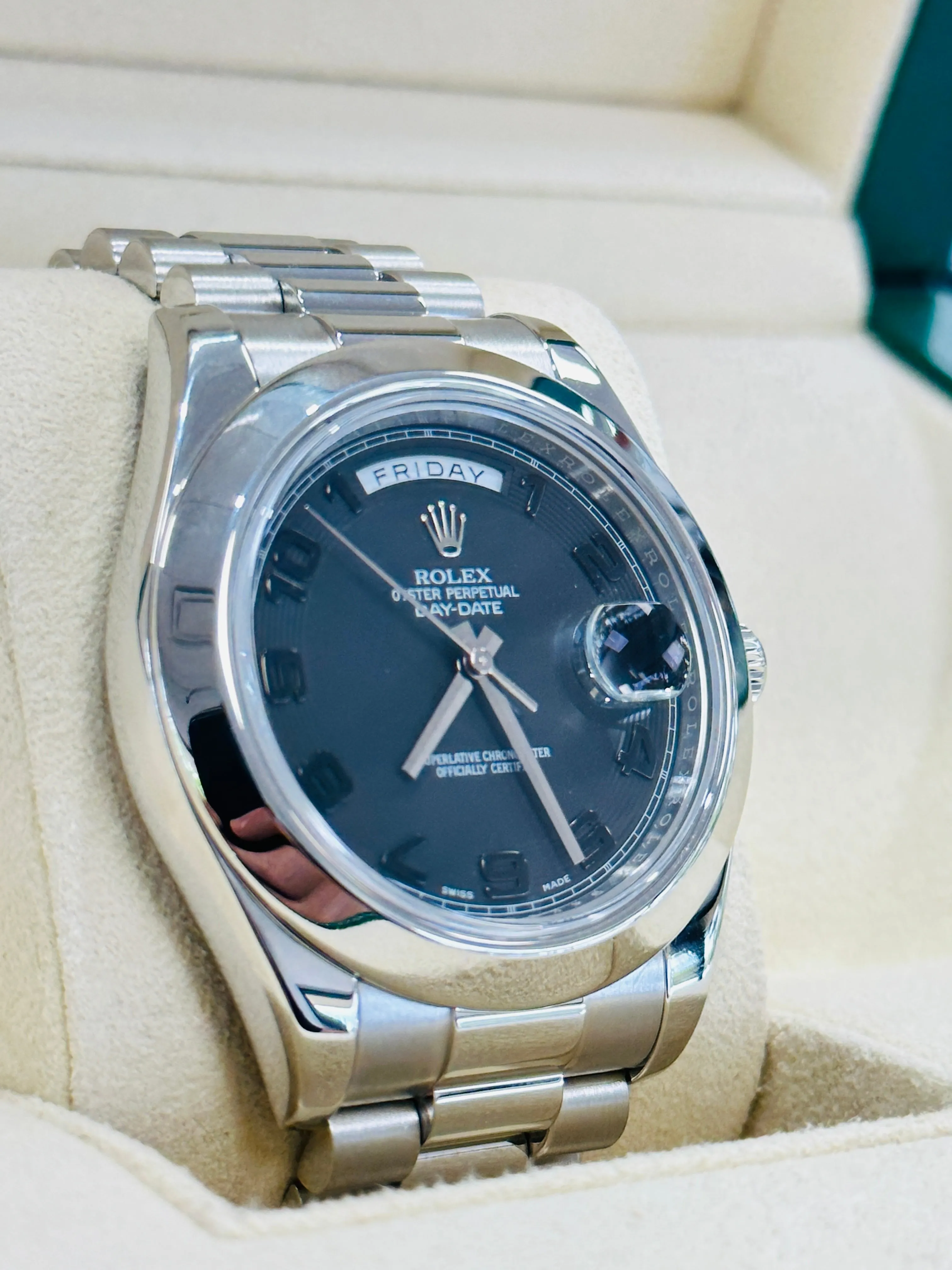 Rolex President Day-Date II 41mm Platinum Black Arabic Concentric Dial 218206 MINT Box and Papers