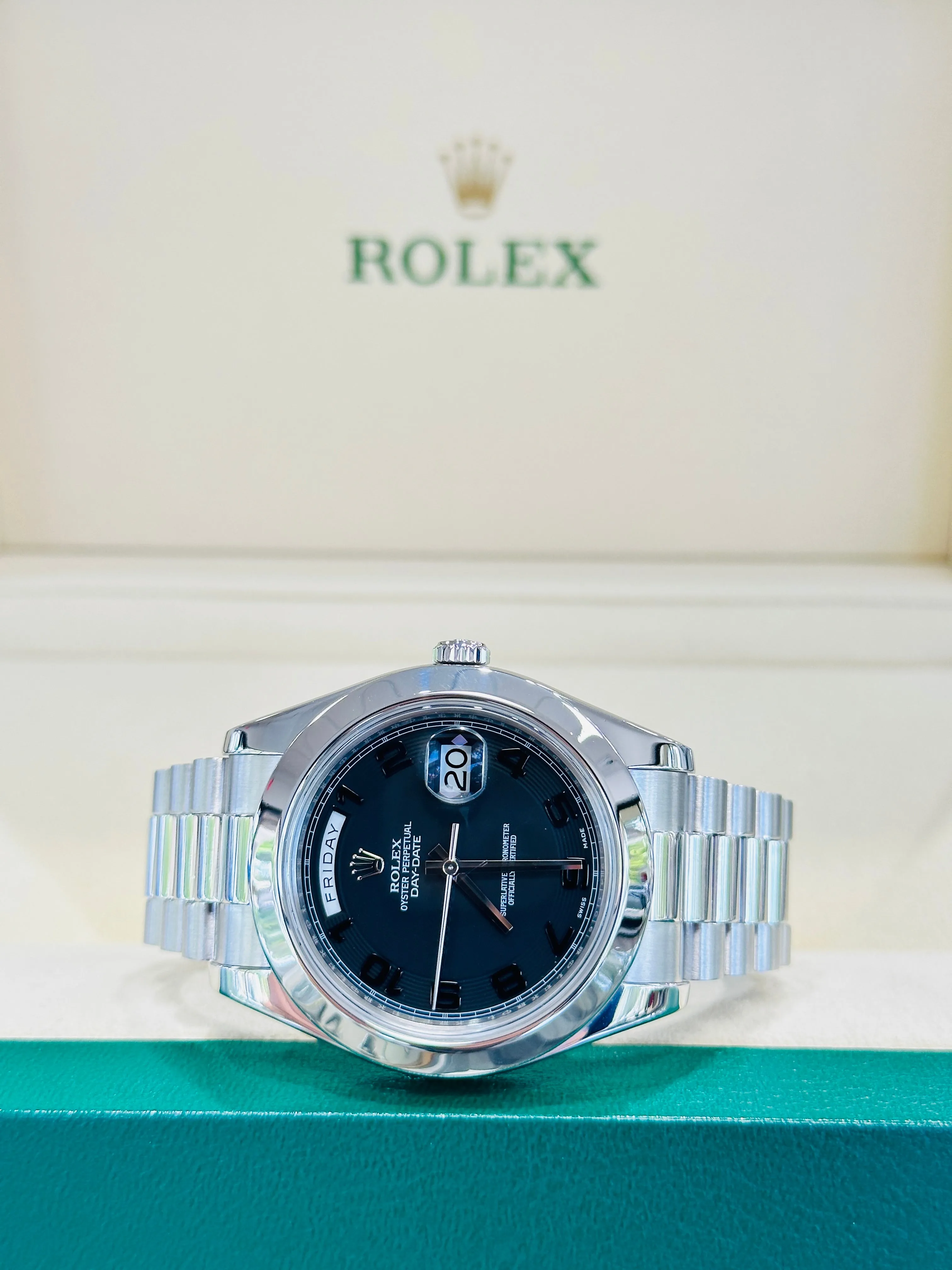 Rolex President Day-Date II 41mm Platinum Black Arabic Concentric Dial 218206 MINT Box and Papers