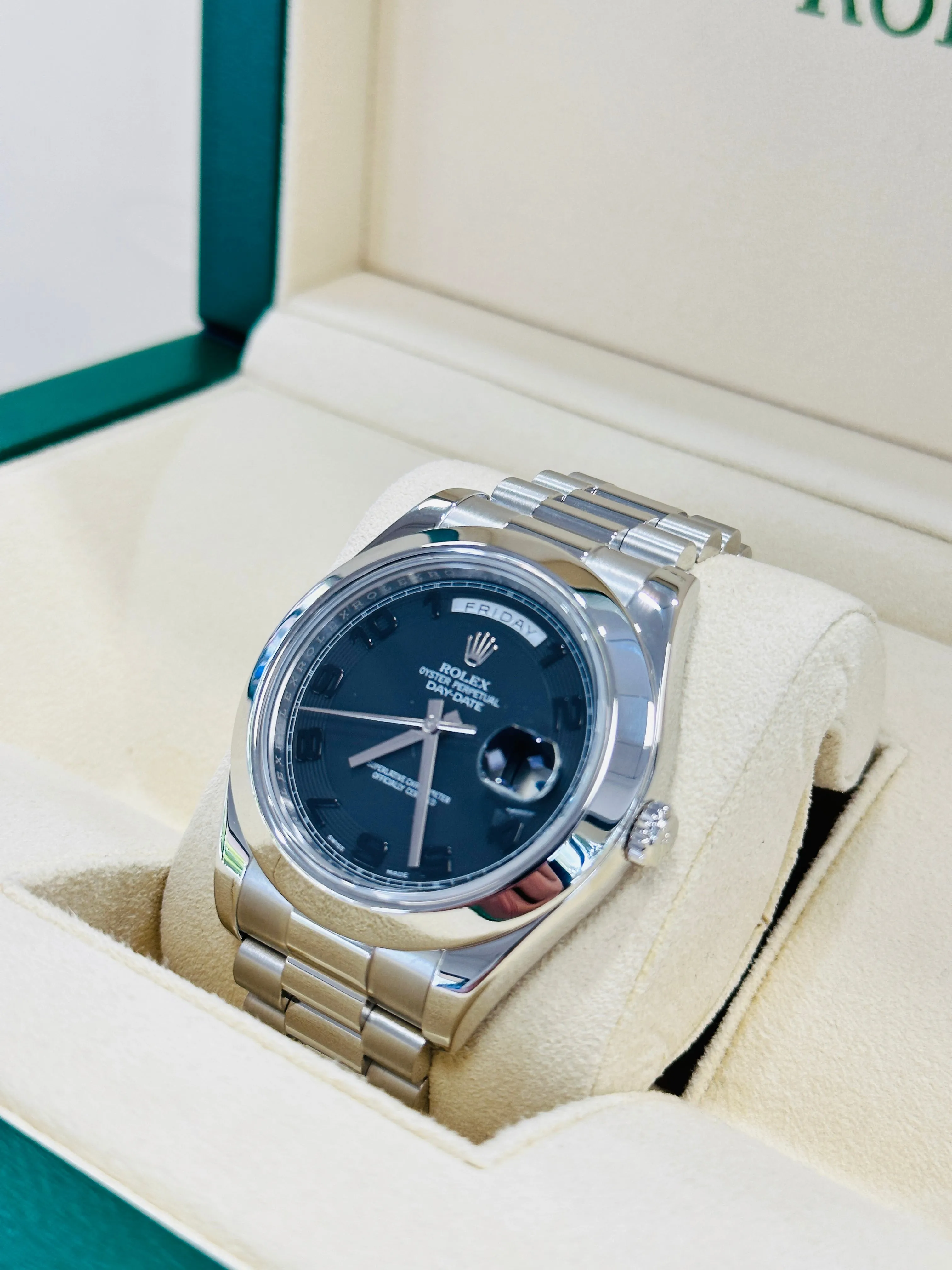 Rolex President Day-Date II 41mm Platinum Black Arabic Concentric Dial 218206 MINT Box and Papers