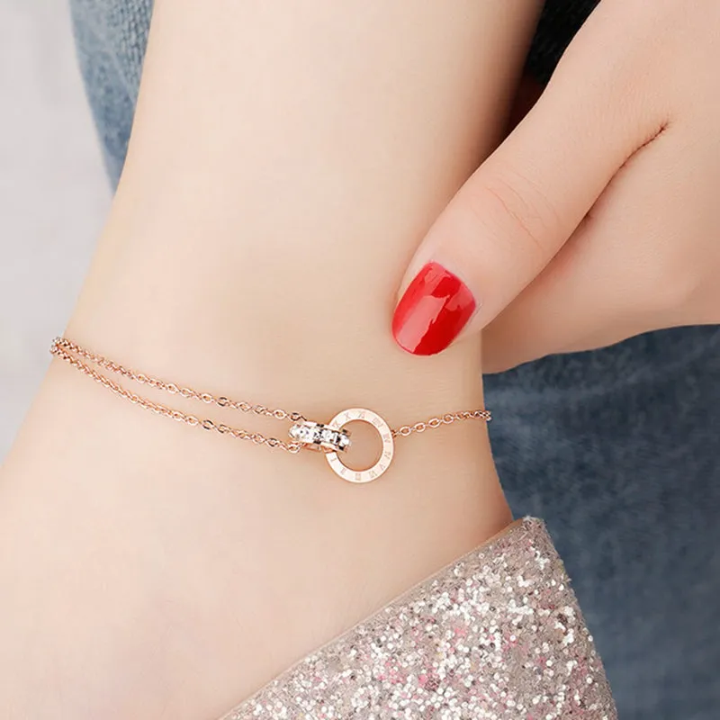 Roman Zircon Titanium Steel Anklet Rose Gold Silver