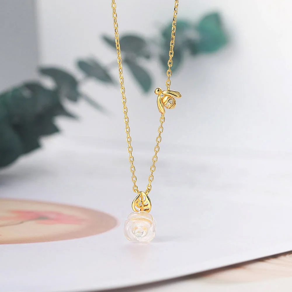 Rose & Bee Quartz Gemstone 14K Gold Plated Pendant