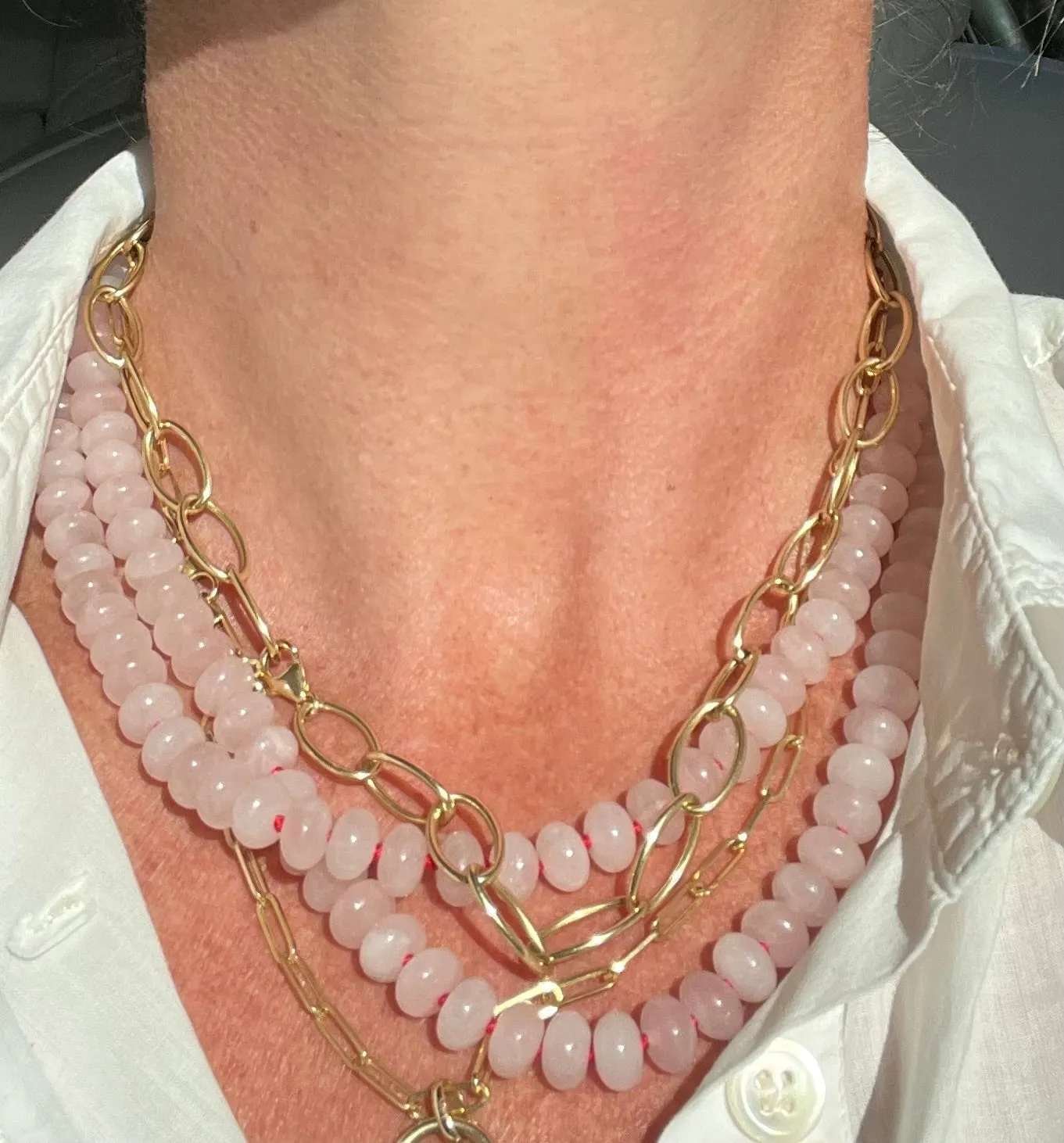 Rose quartz smooth candy shape Beaded necklace hand knitted with red 14K yellow gold clasp