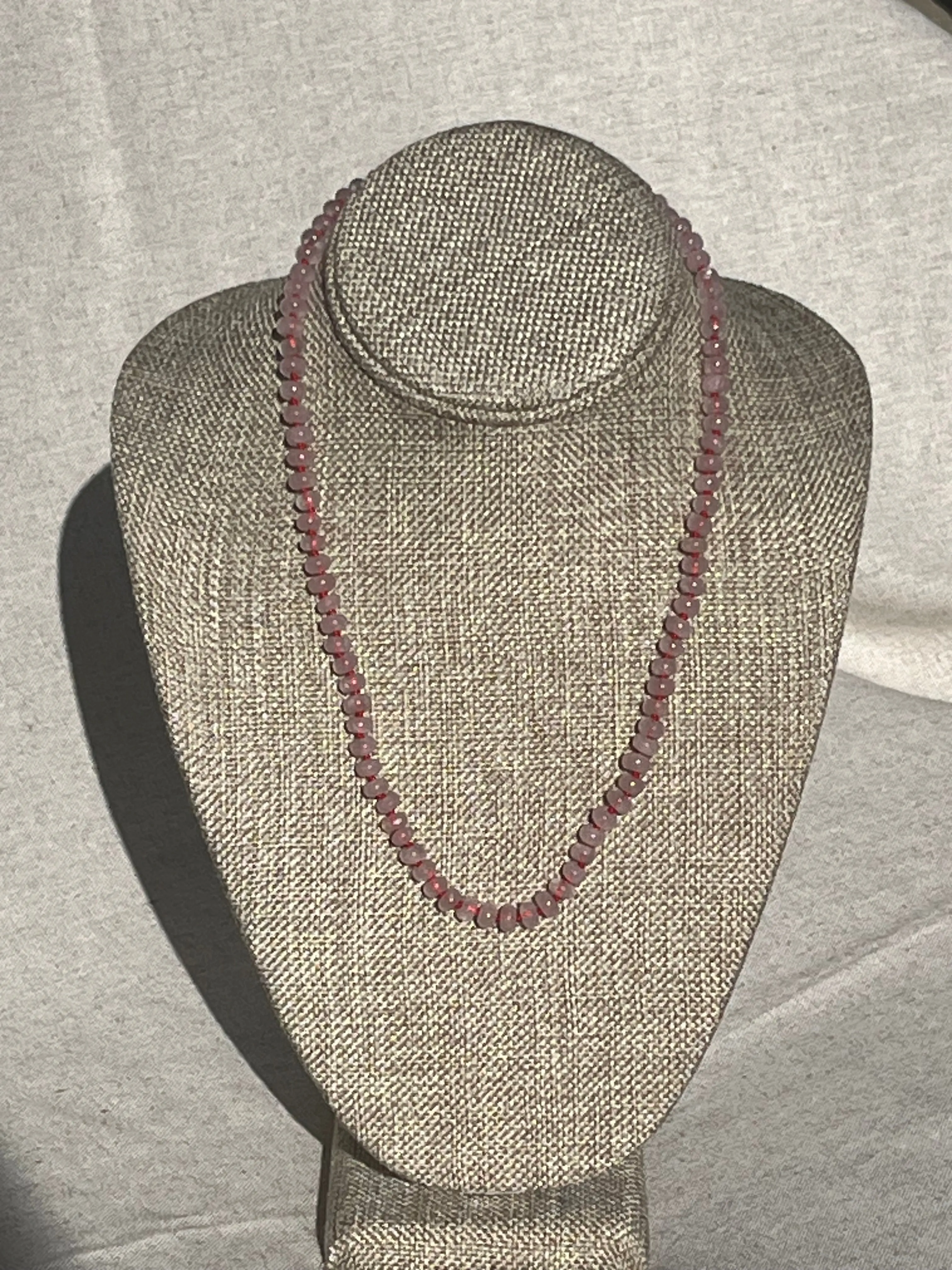 Rose quartz smooth candy shape Beaded necklace hand knitted with red 14K yellow gold clasp