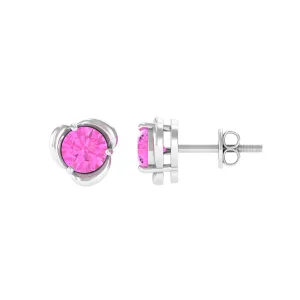 Round Cut Solitaire Pink Sapphire Flower Stud Earrings