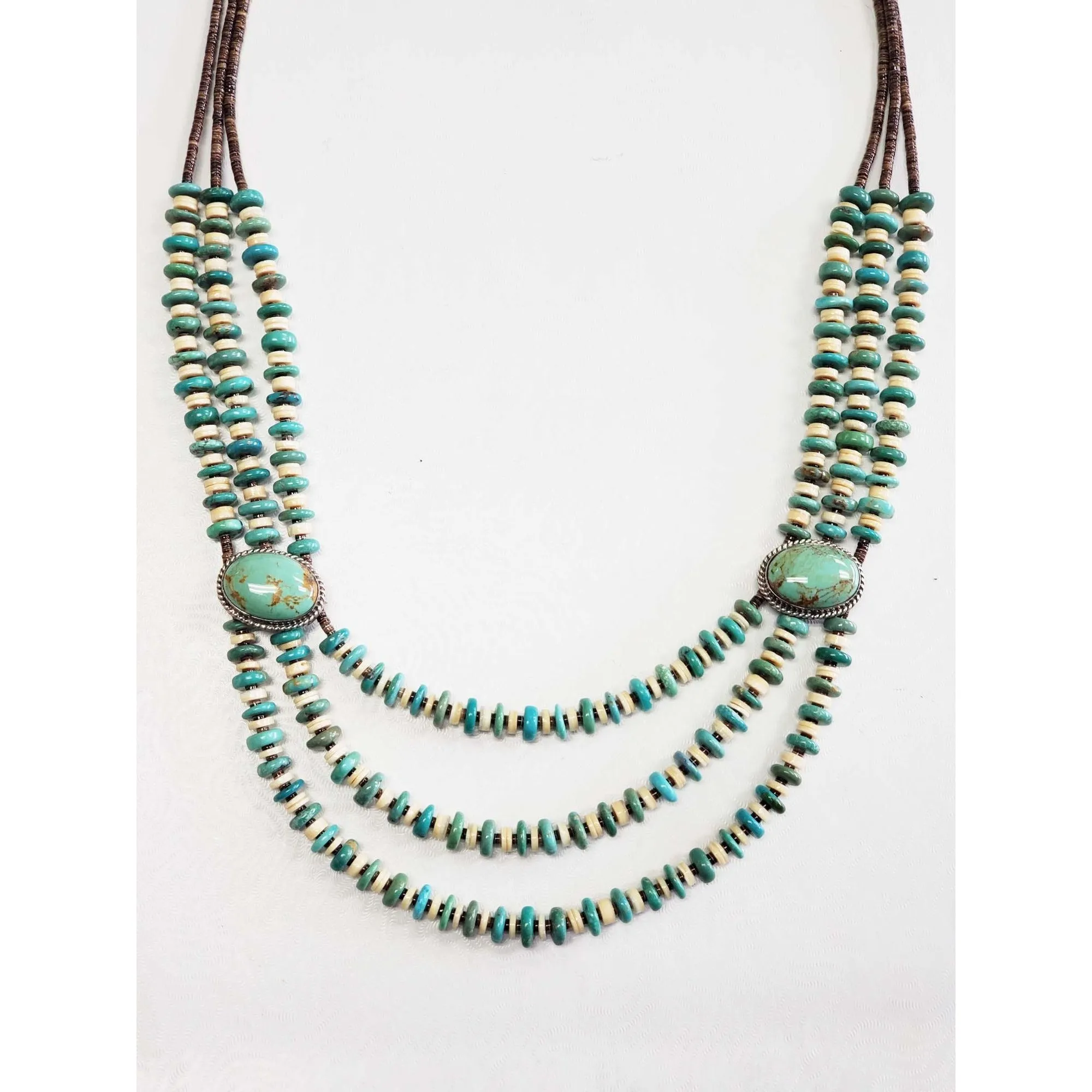 Running Bear Native American Turquoise & Heishi 3-Strand Collar Necklace