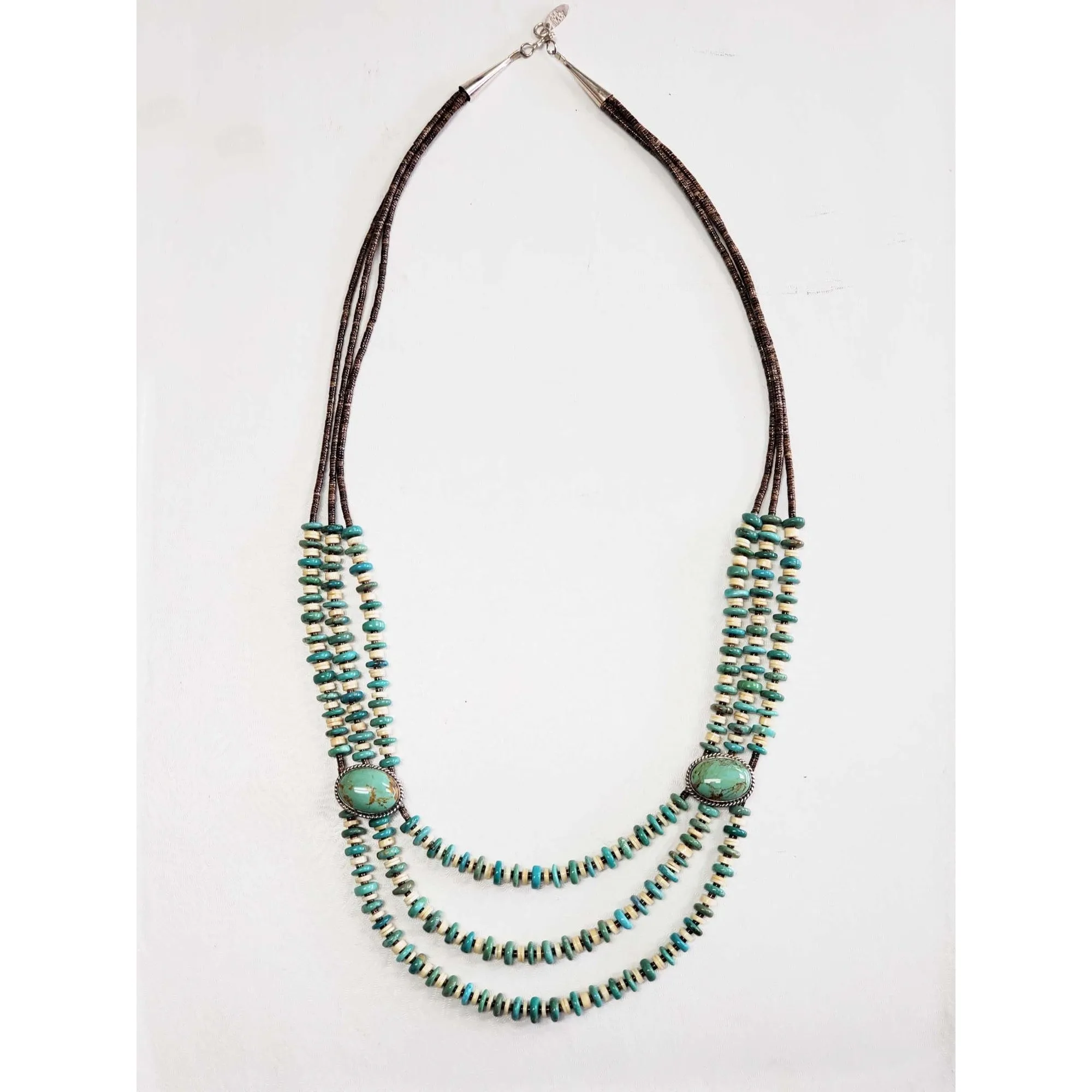 Running Bear Native American Turquoise & Heishi 3-Strand Collar Necklace