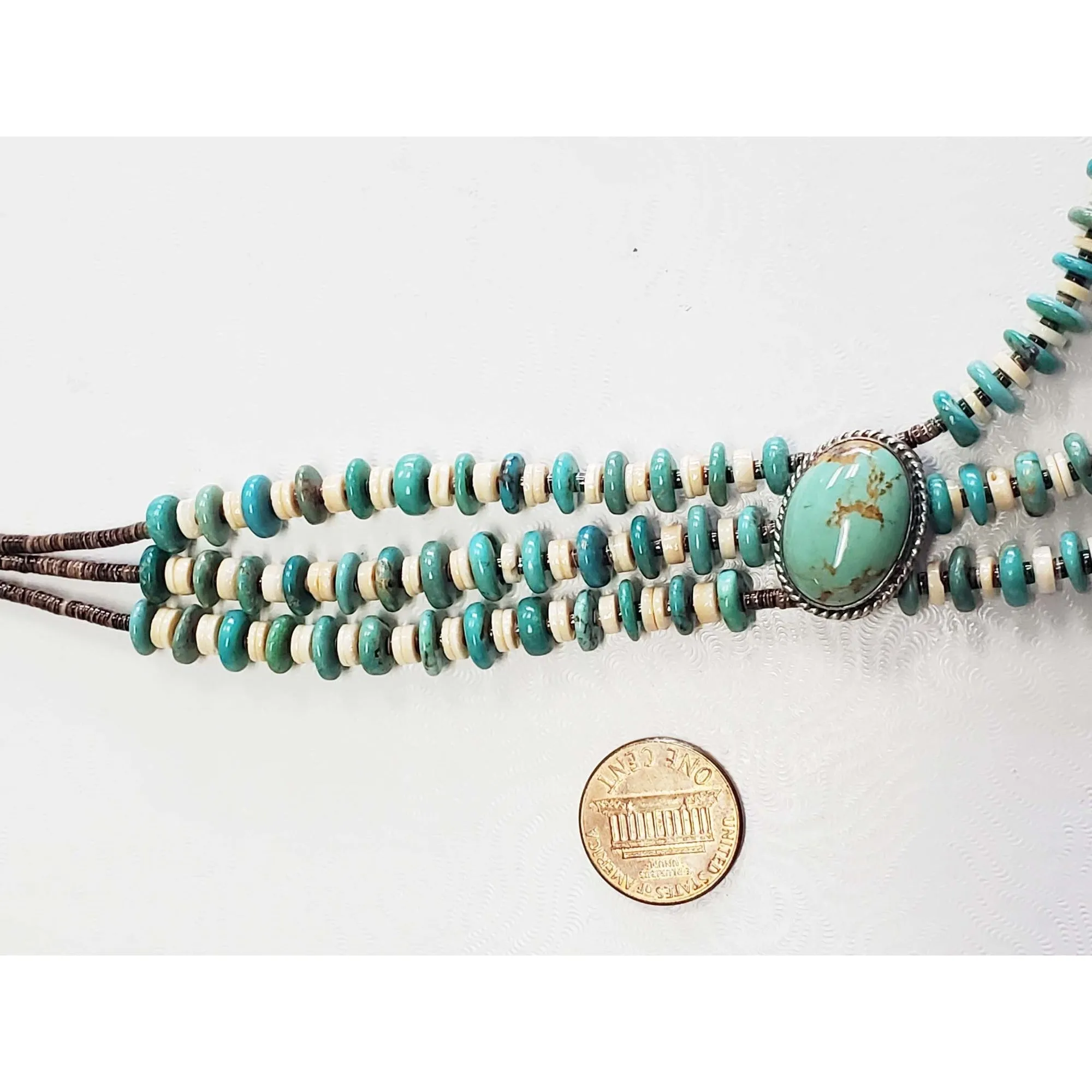 Running Bear Native American Turquoise & Heishi 3-Strand Collar Necklace