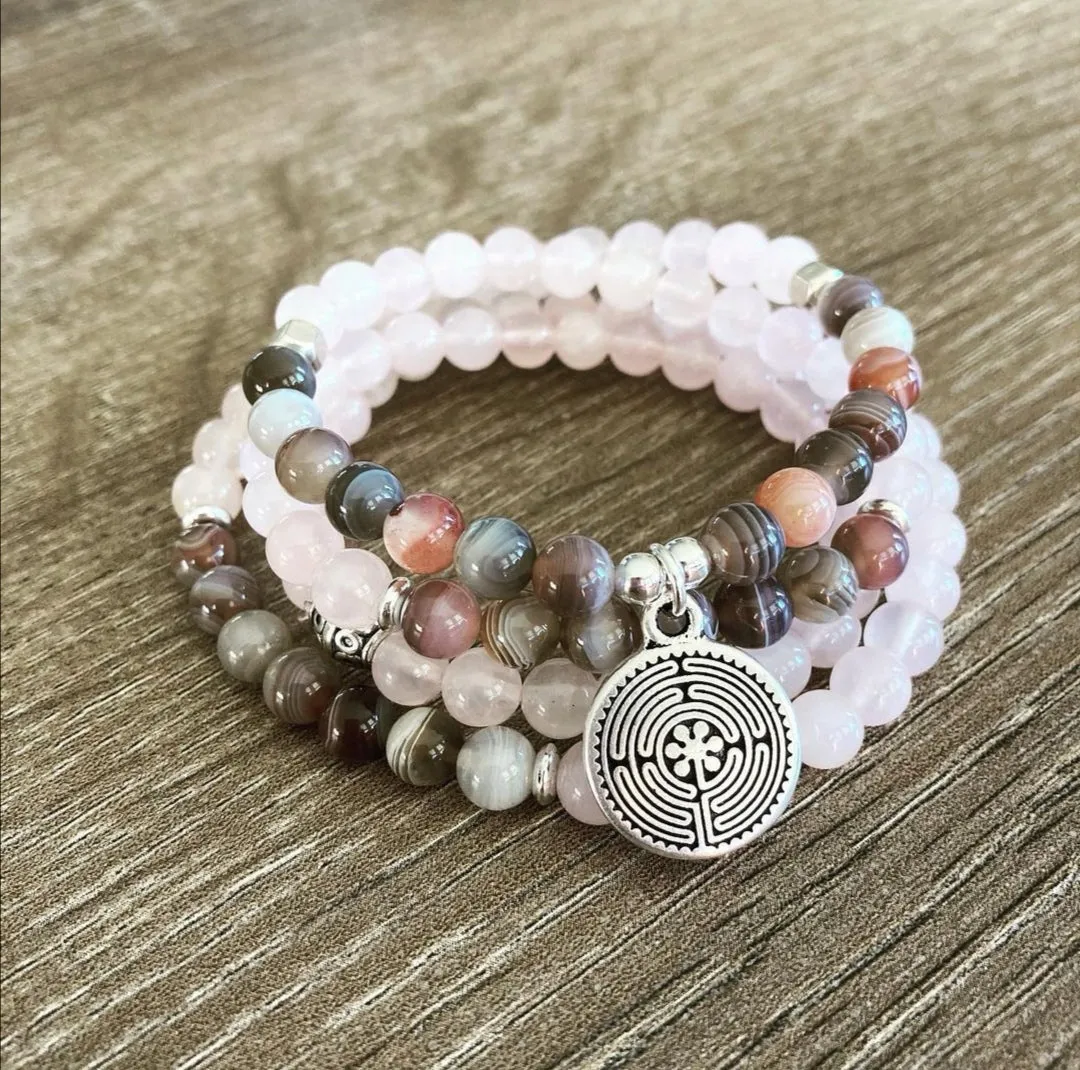 SALE - 54 Bead Mala Necklace in Rose Quartz and Botswana Agate with Labyrinth Charm