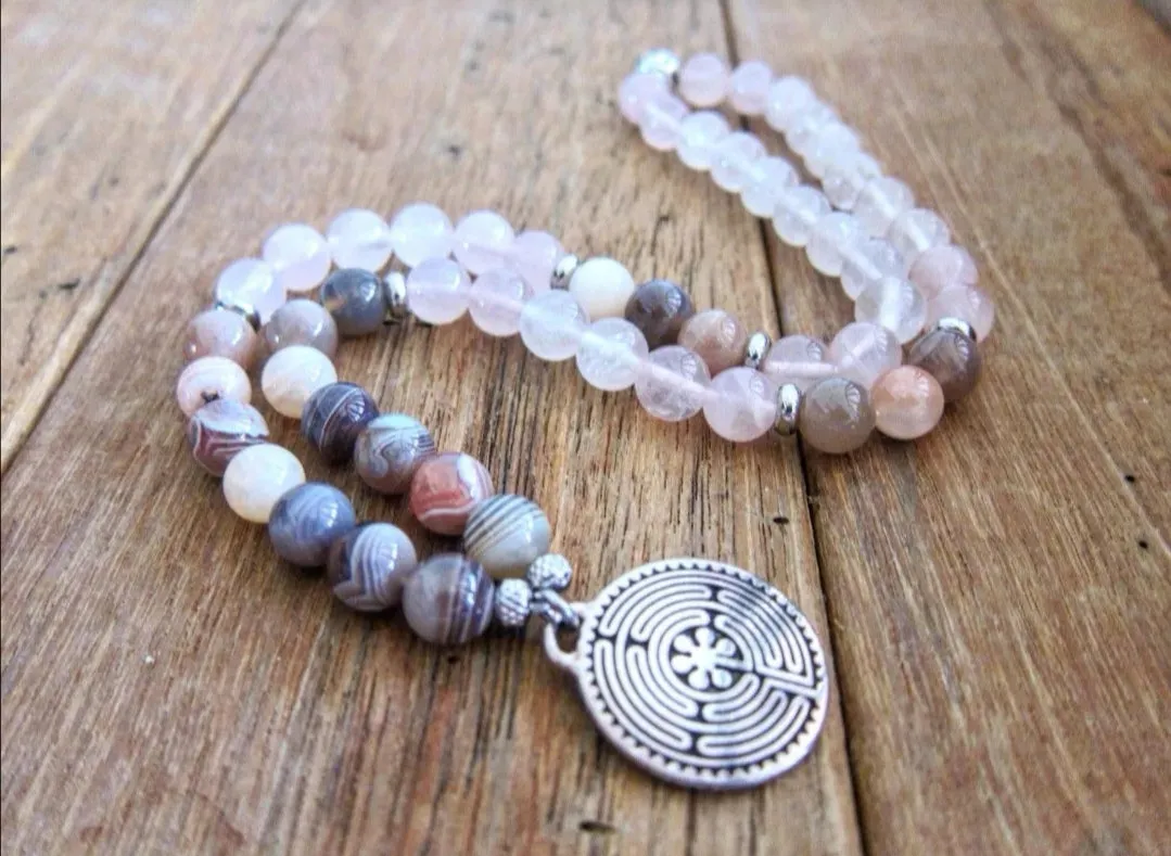 SALE - 54 Bead Mala Necklace in Rose Quartz and Botswana Agate with Labyrinth Charm