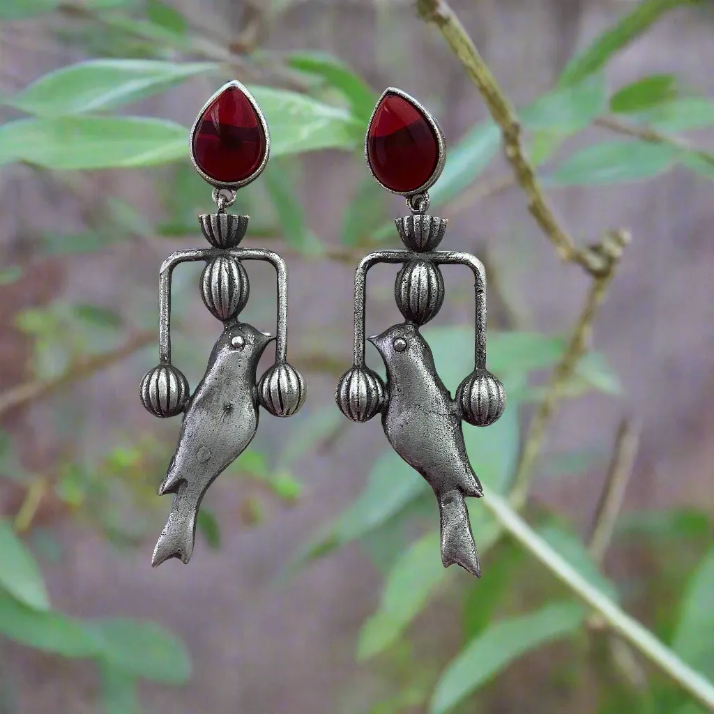 Salvanity German Silver Trendy Pakshi (Bird) Earrings - Red