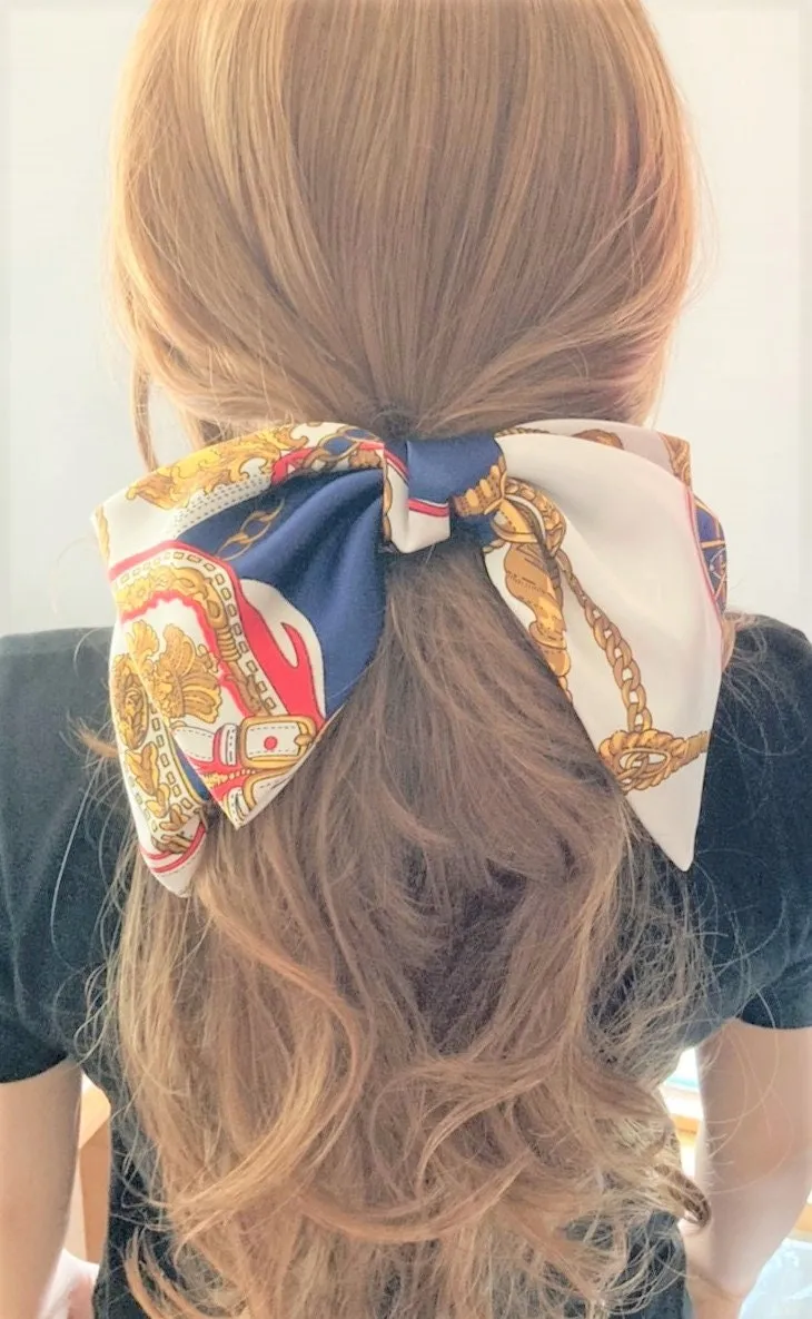 satin hair bow scarf carriage wheel rope print hair accessory for women