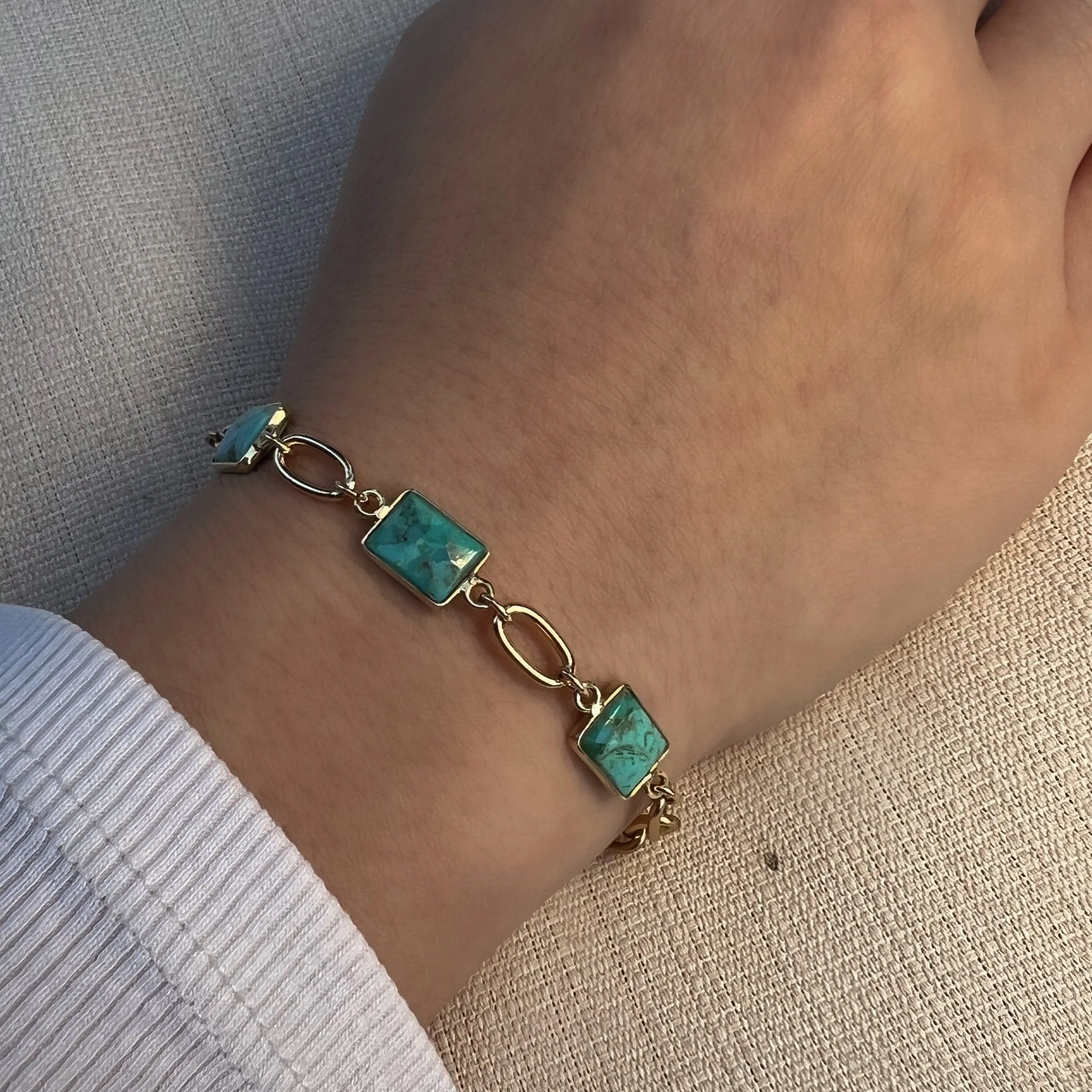 Semi Precious Bezel Set Rectangles on Plated Chain Bracelet: Turquoise (BCG487TQ)