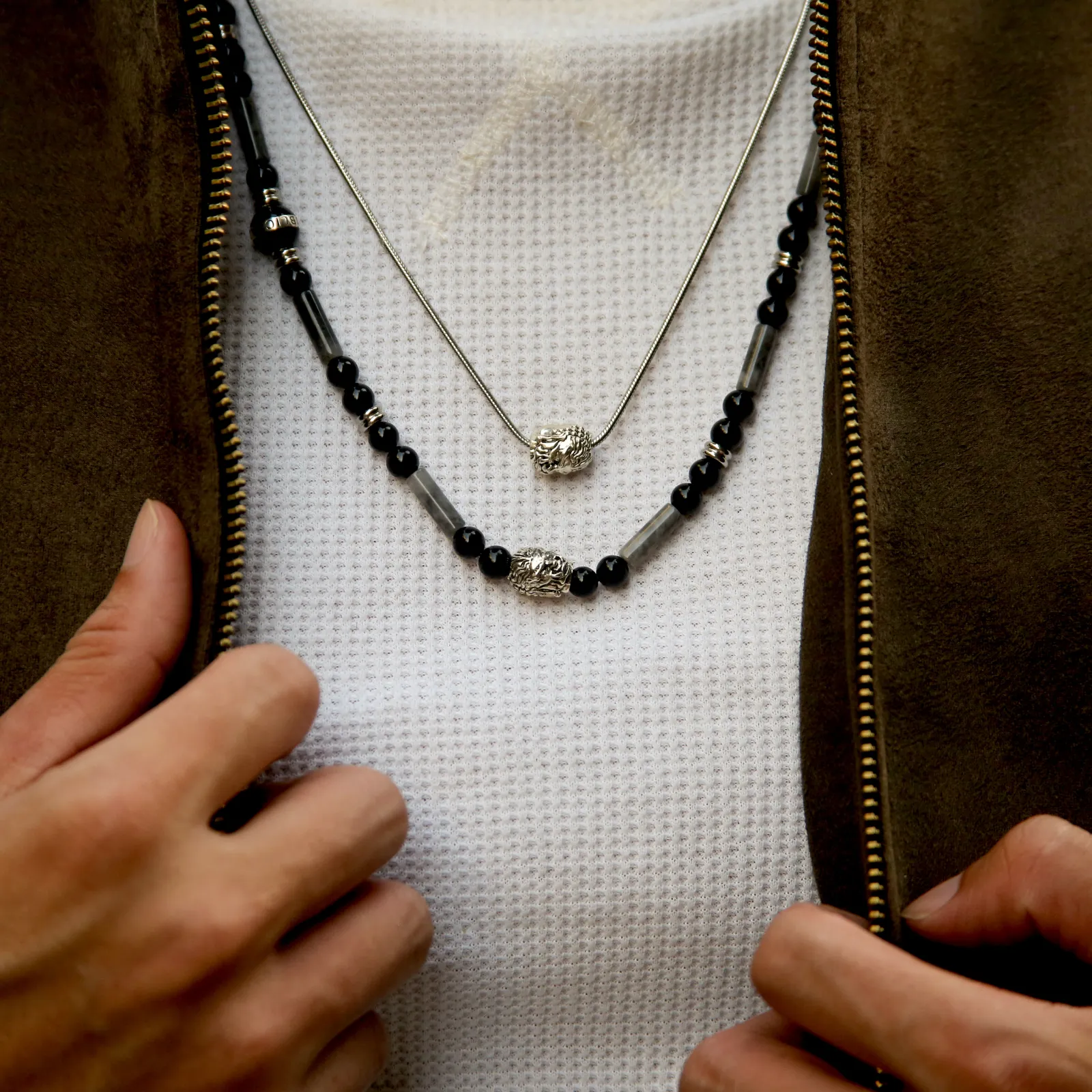 Silver Buddha Necklace, Enamel Bead with Obsidian, PIcasso Jasper