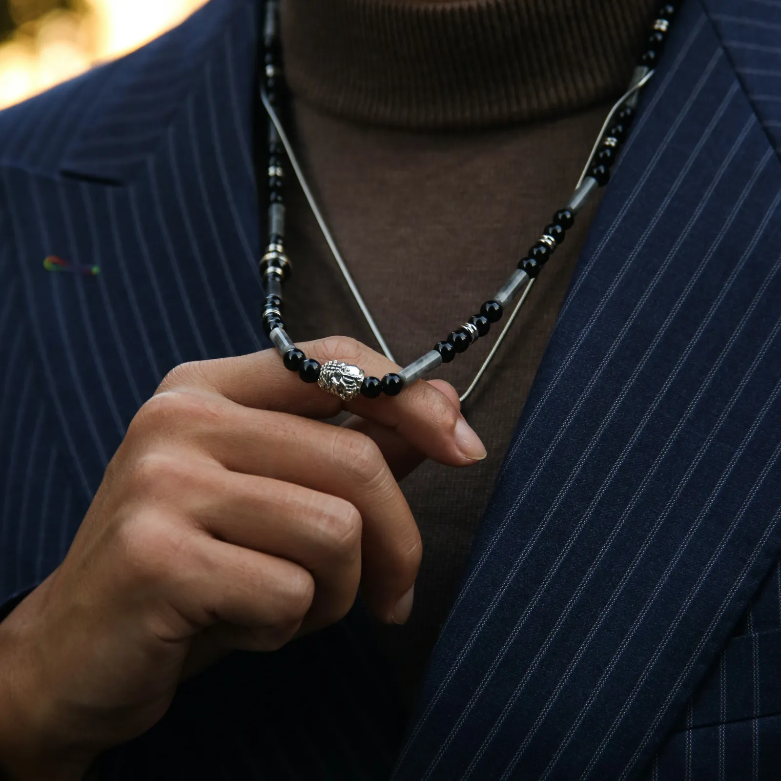 Silver Buddha Necklace, Enamel Bead with Obsidian, PIcasso Jasper