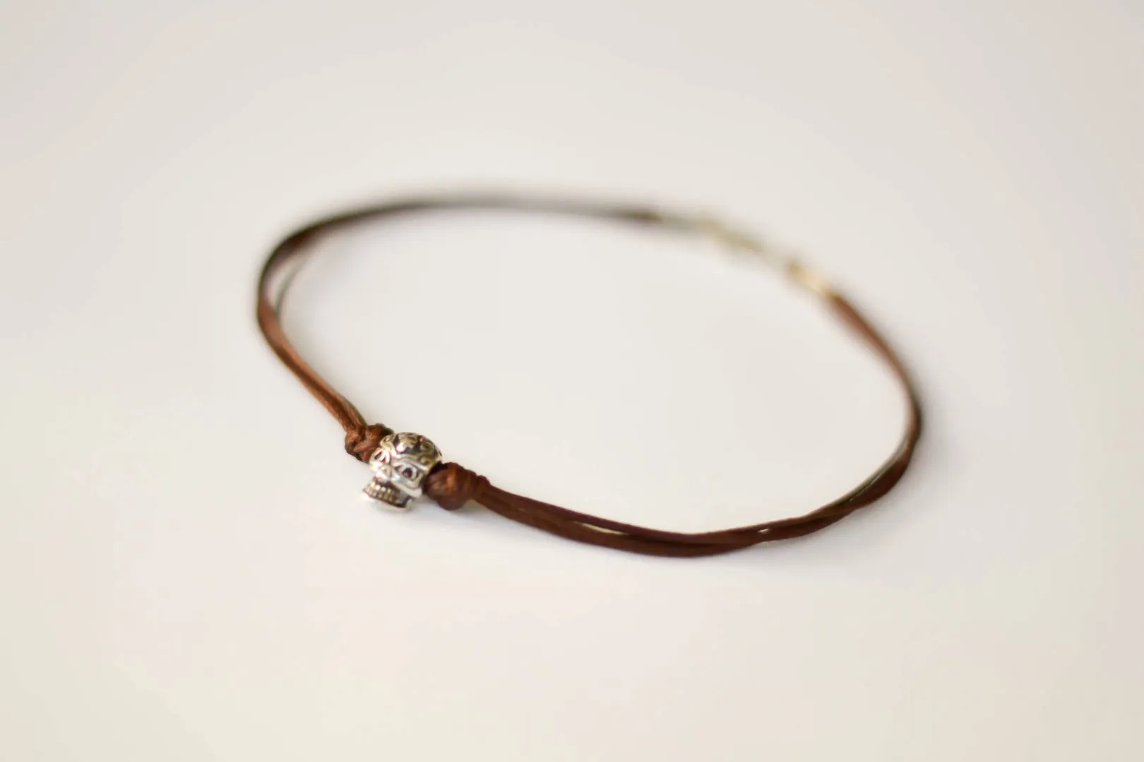 Silver skull bead anklet for men, brown cord ankle bracelet, gift for him