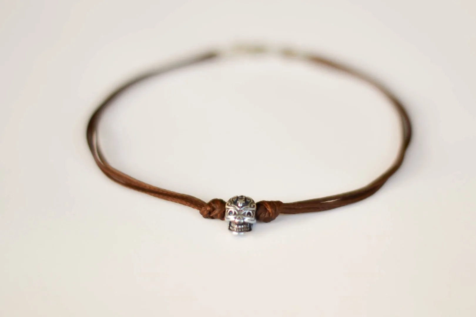 Silver skull bead anklet for men, brown cord ankle bracelet, gift for him