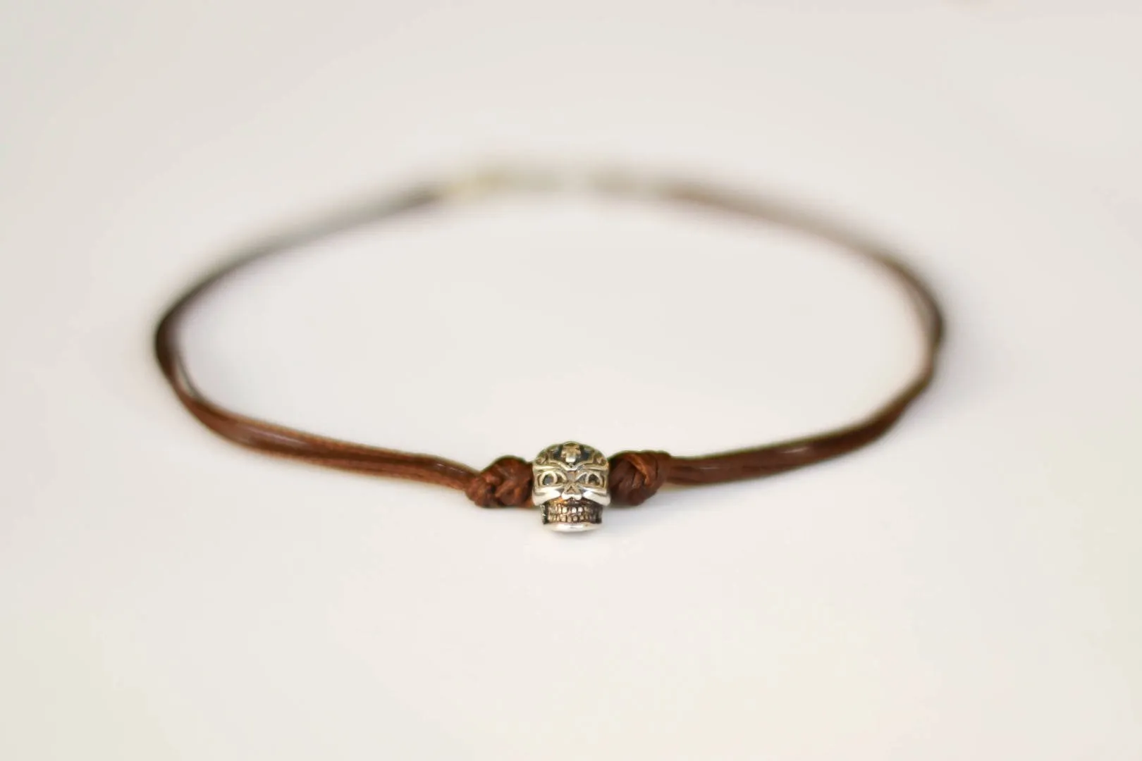 Silver skull bead anklet for men, brown cord ankle bracelet, gift for him