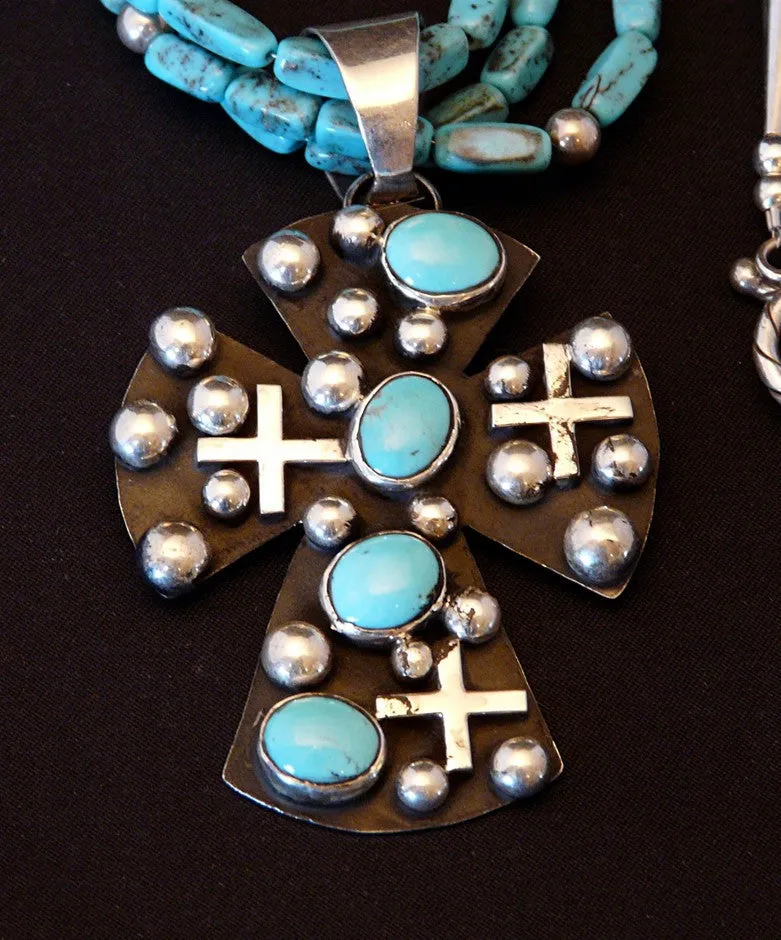 Sleeping Beauty Turquoise & Sterling Silver Cross Pendant with Triple Strand Turquoise Rectangle Accents