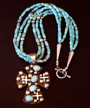 Sleeping Beauty Turquoise & Sterling Silver Cross Pendant with Triple Strand Turquoise Rectangle Accents