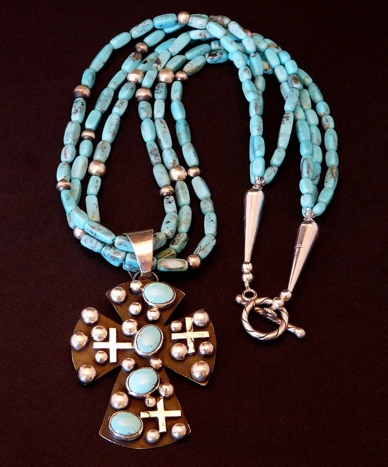 Sleeping Beauty Turquoise & Sterling Silver Cross Pendant with Triple Strand Turquoise Rectangle Accents