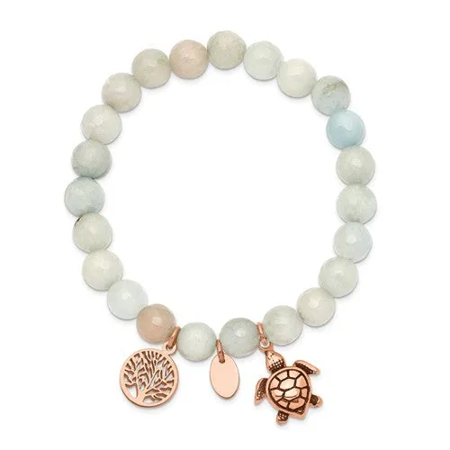 Stainless Steel Rose Gold Turtle & Tree of Life Charm Grey Jade Stretch Bracelet