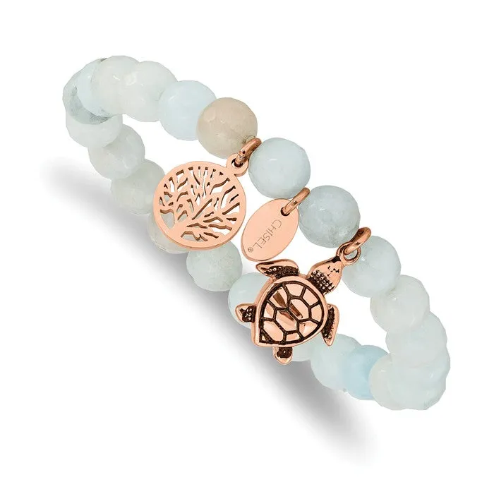 Stainless Steel Rose Gold Turtle & Tree of Life Charm Grey Jade Stretch Bracelet